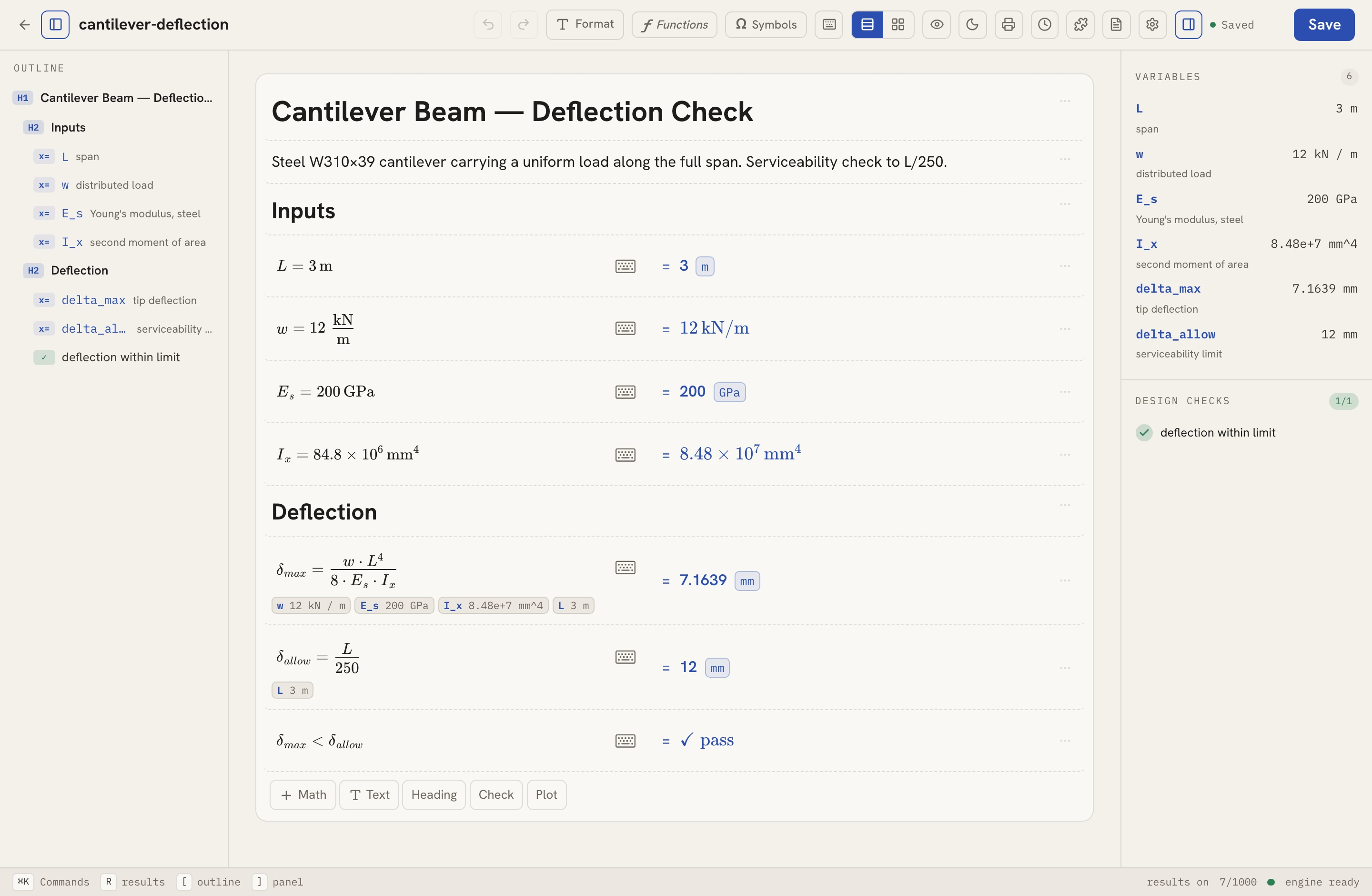 The NapkinCalc editor solving a cantilever beam deflection check — unit-carried inputs, a live-evaluated δ_max of 7.1639 mm, and a passing design check